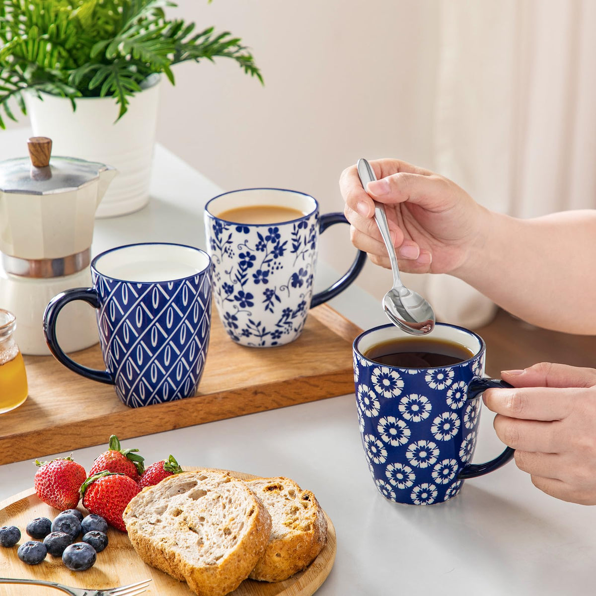 vancasso Selene Coffee Mugs Set of 6, 12 Oz Porcelain Coffee Cups with Handle, Ceramic Tea Cup for Cappuccino, Latte, Tea, Cocoa, Dishwasher & Microwave Safe Gift Sets, Vintage Blue