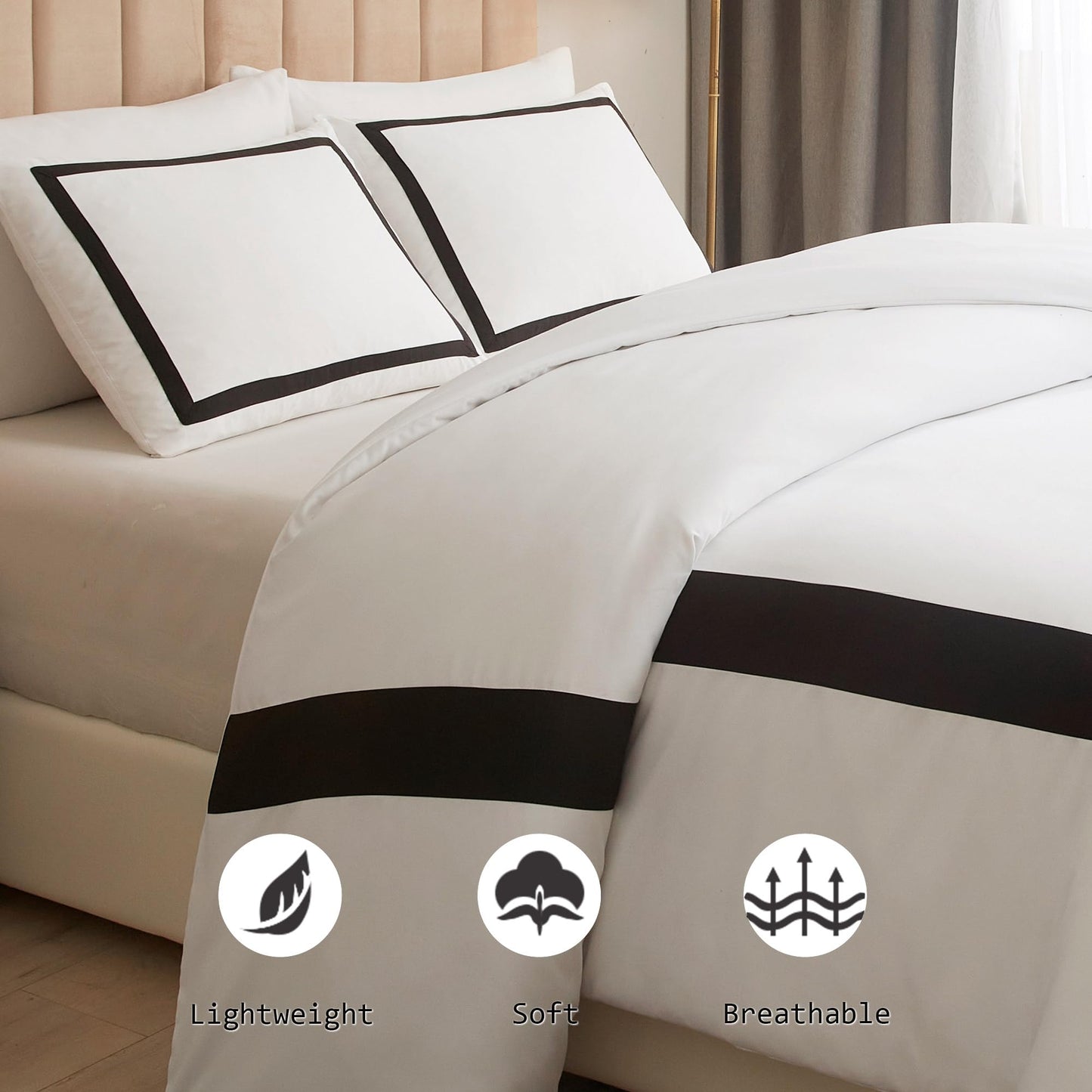 OSVINO Hotel Duvet Cover Set 3Pcs Microfiber Line Pattern Pillowcases Ultra Soft Breathable Bedding Comforter Quit Cover with Pillowcases, Black, Full/Queen
