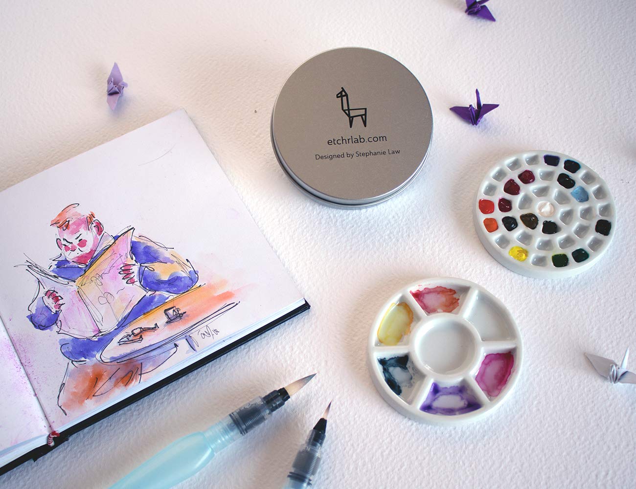 Etchr Mini Palette 37 Wells - Built for Watercolor, Acrylic, Oil, and Gouache Paint - Professional Porcelain Paint Wells and Mixing Palette - Airtight Metal Tin for Travel
