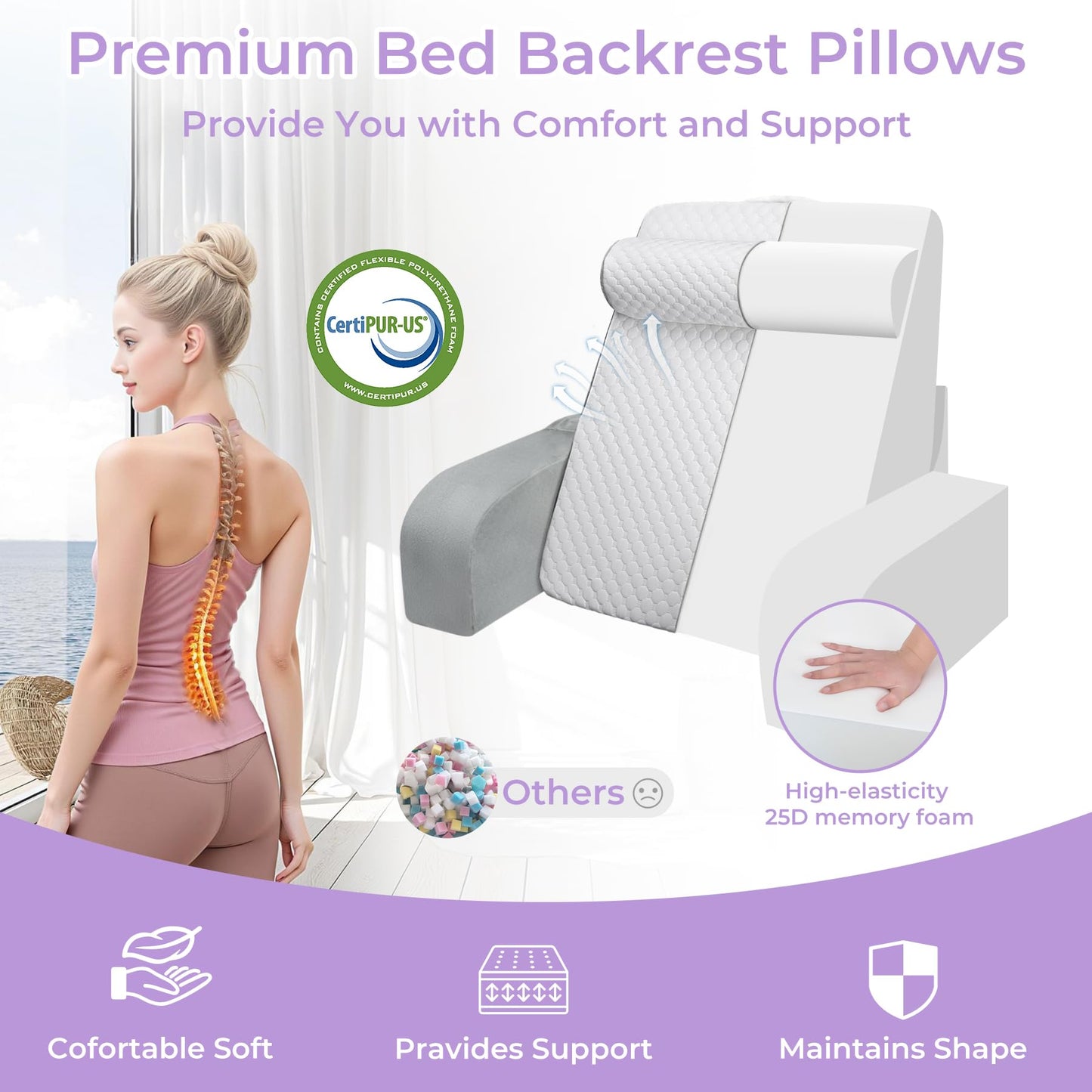 Babenest Reading Pillow for Sitting in Bed Adult, Back Support Pillow with Detachable Headrest & Armrests for Watching TV on Couch or Floor, Bed Chair Backrest Pillow for Working/Gaming/Relaxing