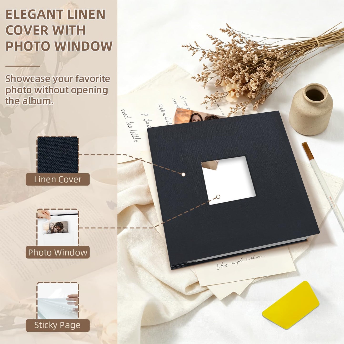popotop Self Adhesive Photo Album with Display Window, 60 Pages Scrapbook Album for 4x6 8x10 Picture, Black Linen Memory Book for Wedding Baby Travel, with Scraper and Metallic Pen