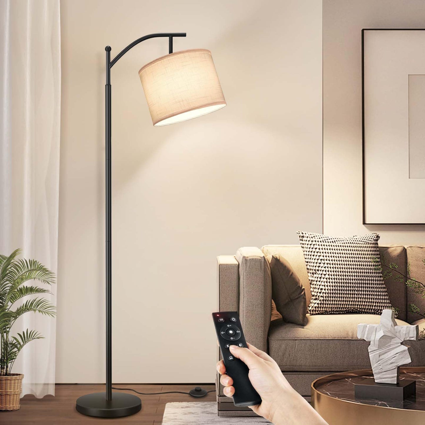 OUTON Arc Floor Lamp with Remote Control, Dimmable & 4 Color Temperatures Adjustable Modern Lamp, 810 Lumens Bulb Included, 1 Hour Timer, Reading Standing Lamp for Living Room, Bedroom, White Shade