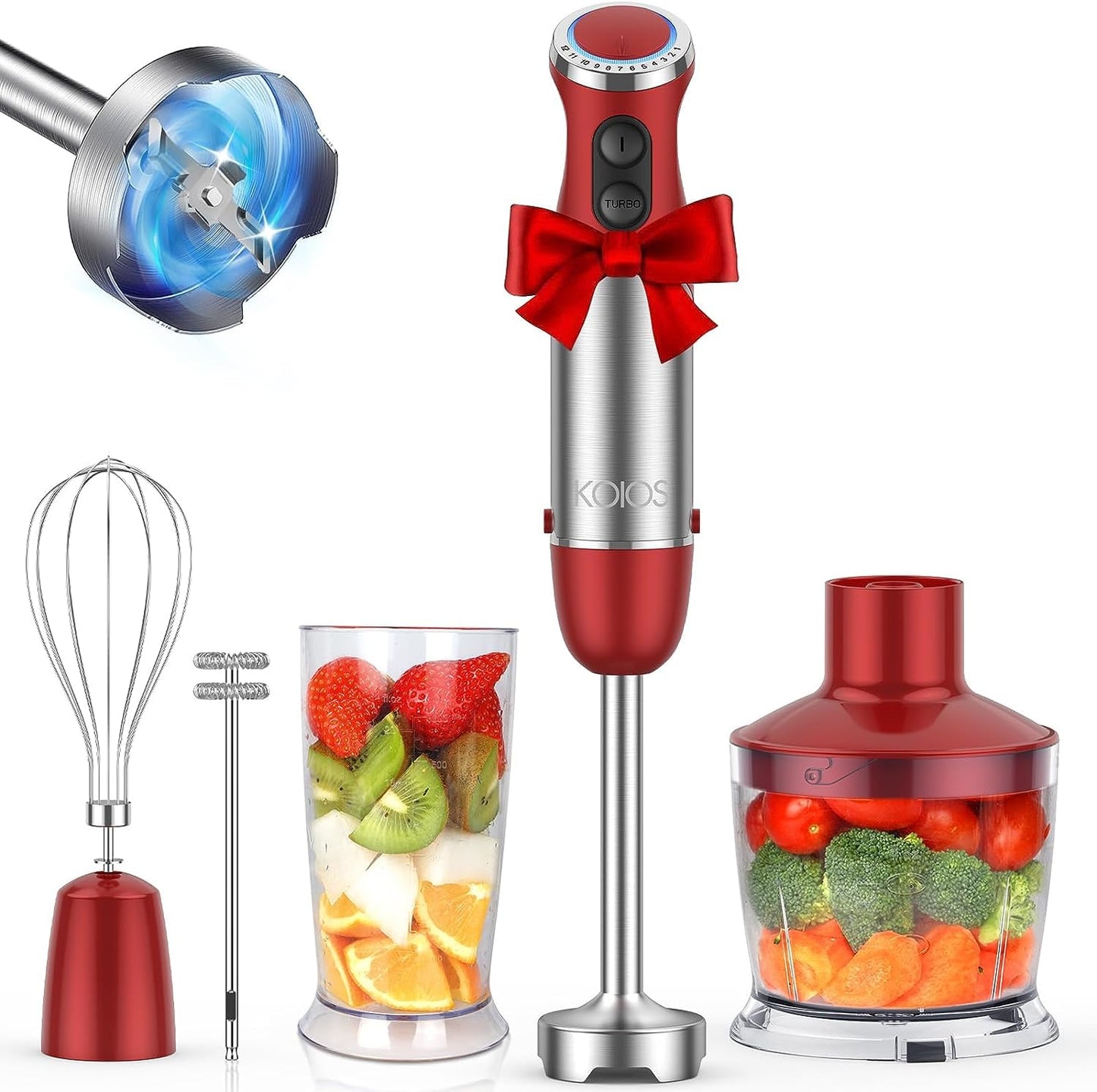 KOIOS 5-in-1 Hand Immersion Blender, 1000W 12 Speed Handheld Blender, Pure Copper Motor 304 Stainless Steel Blade Stick Blender, Non-BPA, Red