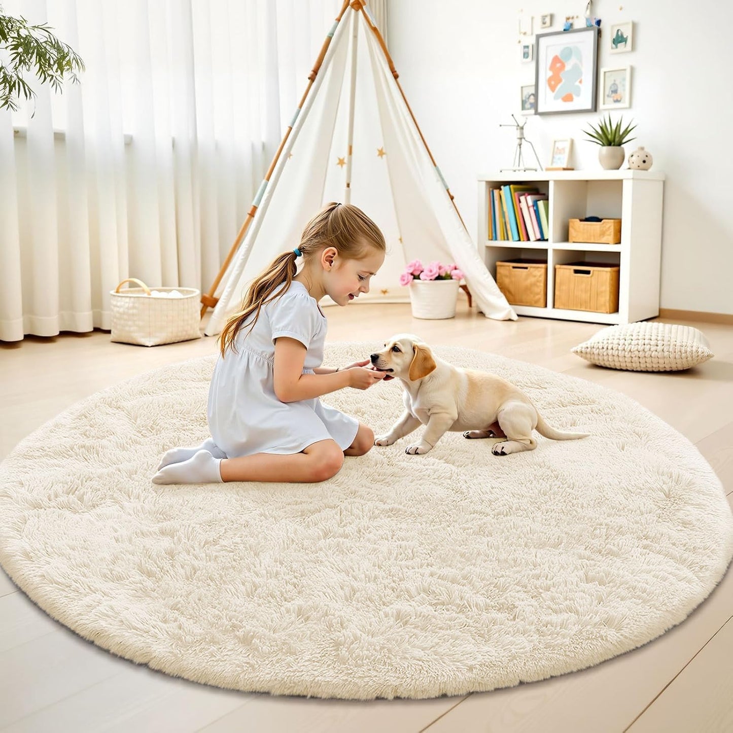 OLANLY Ivory Round Rugs for Bedroom, 5 Ft Machine Washable Circle Area Rugs for Living Room, Non-Slip Fluffy Carpet for Teen Girls and Boys, Dorms, Nursery Rooms, Home Decor Aesthetic