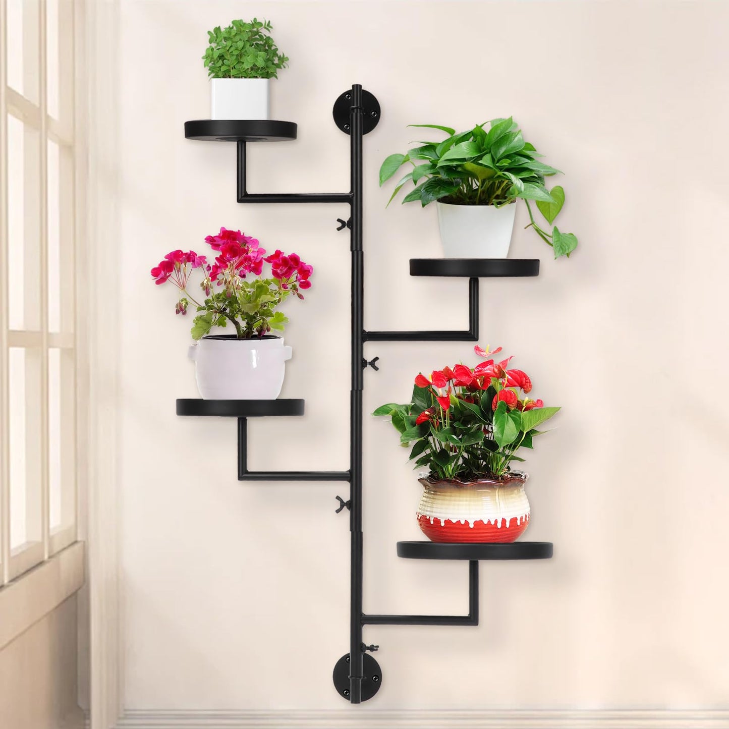 Tefola 4 Tier Rotating Window Plant Wall Shelves Indoor, Metal Vertical Plant Stand, Window Planters Hanger, Wall Plant Holder for Multiple Plants Home Decor Wall Decor, Easy Install