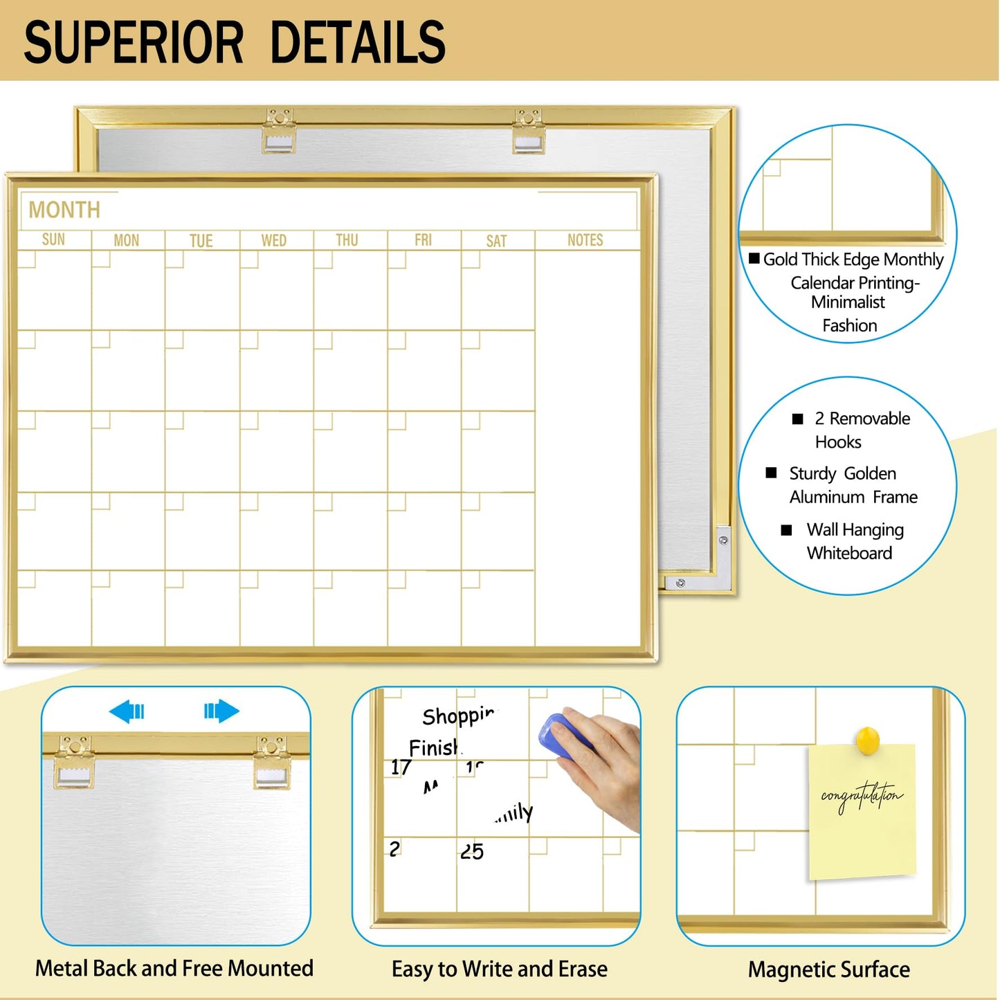 Marribol Gold Dry Erase Calendar Whiteboard for wall-60x45cm,Portable Aluminum Frame,Magnetic Calendar White Board,Wall Planner Dry Erase Board for Office, Kitchen, School, Home-GG-4560