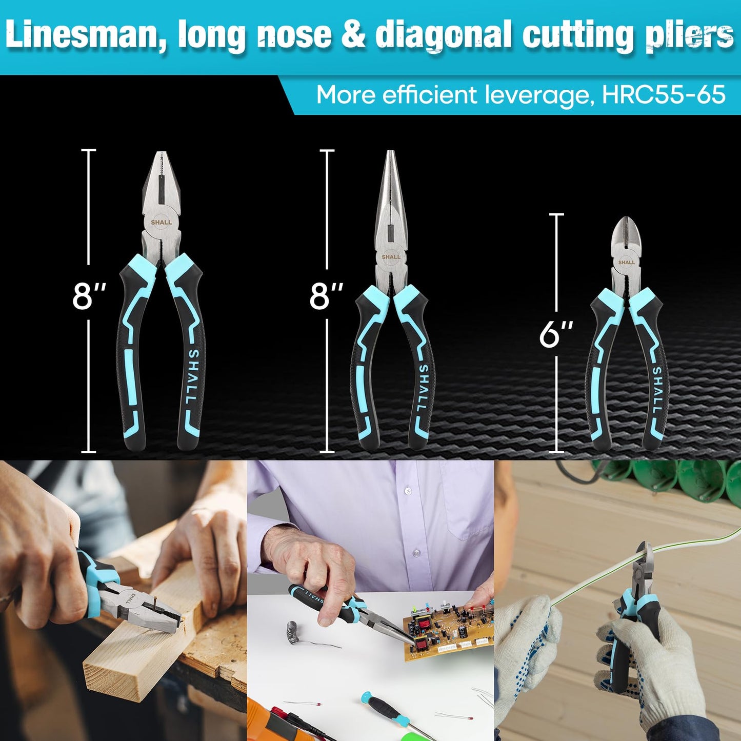 SHALL 6-Piece Pliers Set, Pliers Tool Set, 6" Diagonal Cutting, 8" Long Nose, 8" Linesman, 8" Slip-Joint & 10" Groove-Joint Pliers, 8" Adjustable Wrench, Two-Color TPR Handle, Gift Box Included