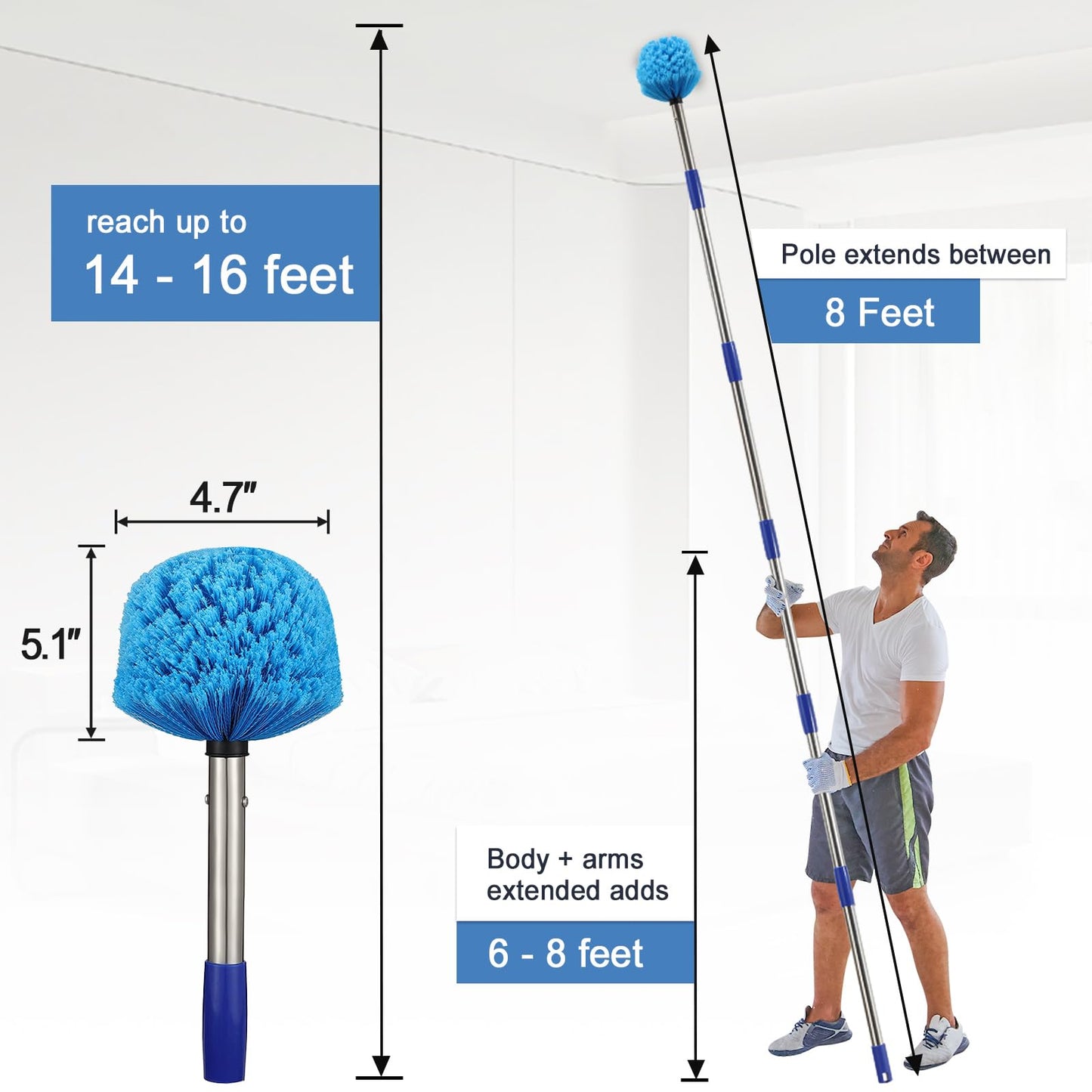 Cobweb Duster with Extension Pole - 8 FT Lightweight Stainless Steel Extendable Duster Ceiling Fan Duster for High Ceilings, Medium Stiff PET Bristle Spider Web Brush for Indoor/Outdoor Cleaning