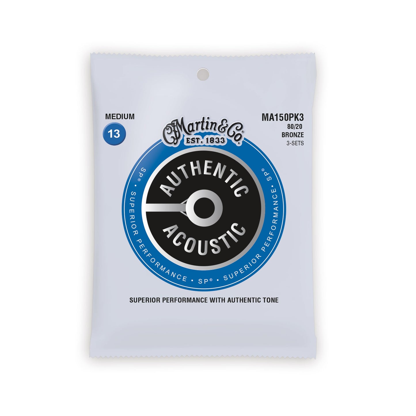 Martin Authentic Acoustic Guitar Strings, Superior Performance Medium 13-56, 80/20 Bronze, 3 Pacl