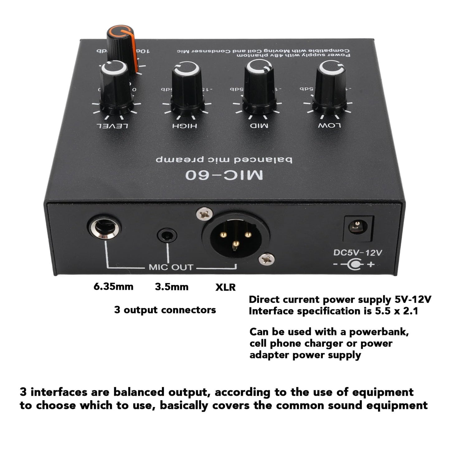 Glomora Microphone Preamp Mic Gain Booster 48V Power Supply Mic Pre Amp for Dynamic Condenser XLR 3.5mm 6.35mm Inputs Outputs (With XLR Cable)