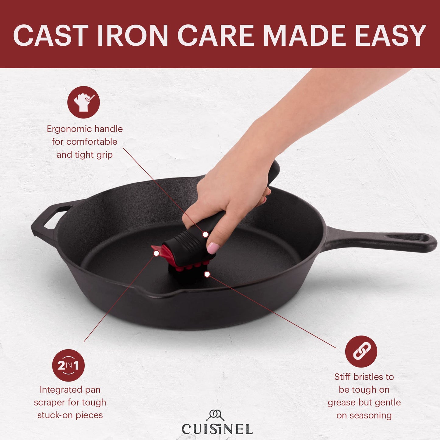 Cast Iron Scrubber Cleaning Brush + Pan/Grill Scraper - Skillet and Grill Cleaner Kit - Soft-Touch Confident-Grip Dish Scrub Tool - Bristles are Tough on Grease, Gentle on Metal and Non-Stick Cookware