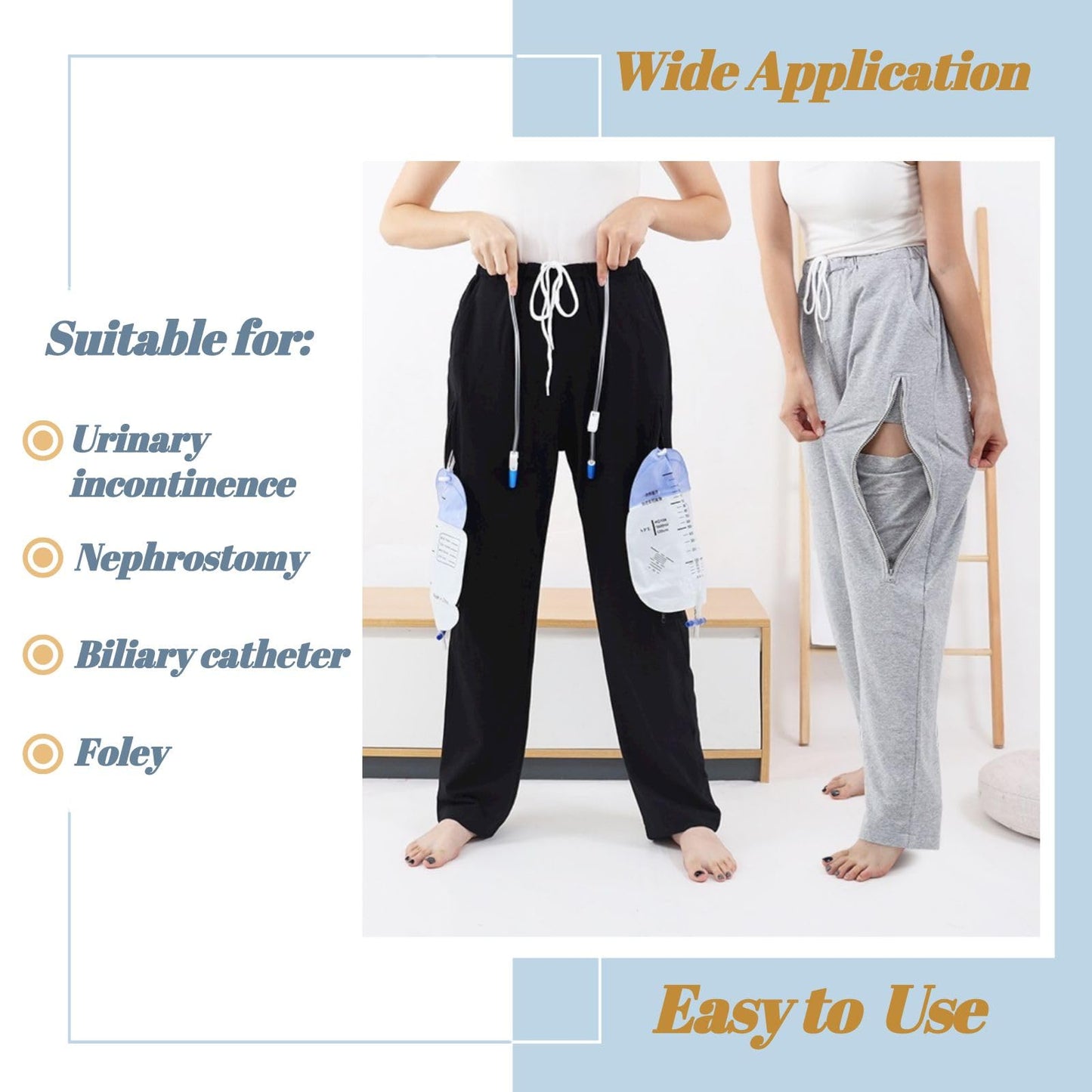Catheter Leg Bag Pants, Urine Bag Holder Pants for Men/Women, Double Zippered Pockets Holding two 2000ml Catheter Bags for Nephrostomy, Cystostomy, Foley (L, Grey)