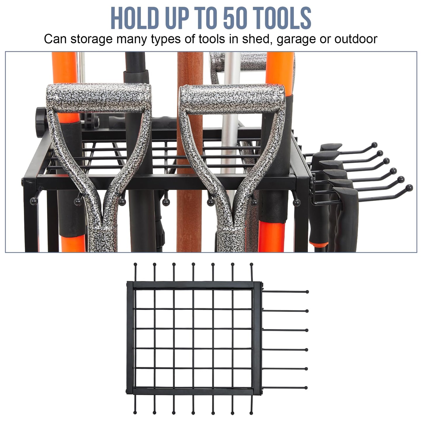 Garden Tool Organizer Holds 50 Long-Handled Tools/Rakes/Brooms/Shovles for Garage Organization and Storage, Shed, Outdoor, Lawn, Heavy-Duty Steel, Black, Easy Assembly (Corner)