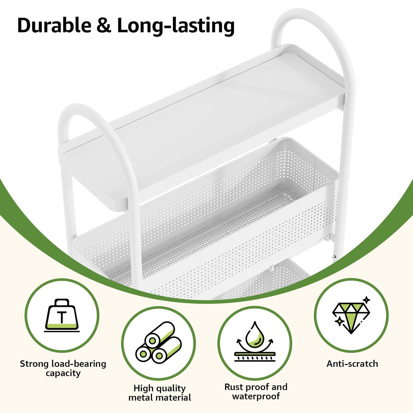 KINGRACK 5-Tier Slim Storage Cart with Pull Out Basket, Rolling Bathroom Organizer Utility, Metal Shelving Unit Slide Out, Lockable Wheels, Easy Assembly for Narrow Place, Kitchen, Laundry Room
