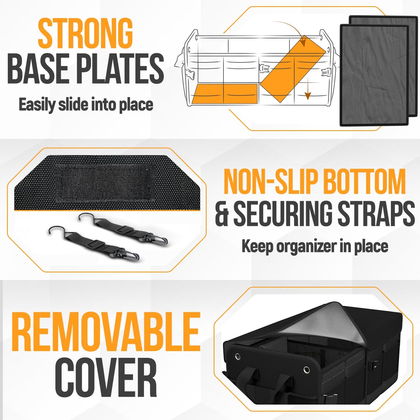 FORTEM SUV Trunk Organizer, Car Organizer, Collapsible Multi-Compartment Storage Bag for Car Accessories for Women Men, 1680D Oxford, Non Slip Bottom, Adjustable Straps, Soft Cover (65L)