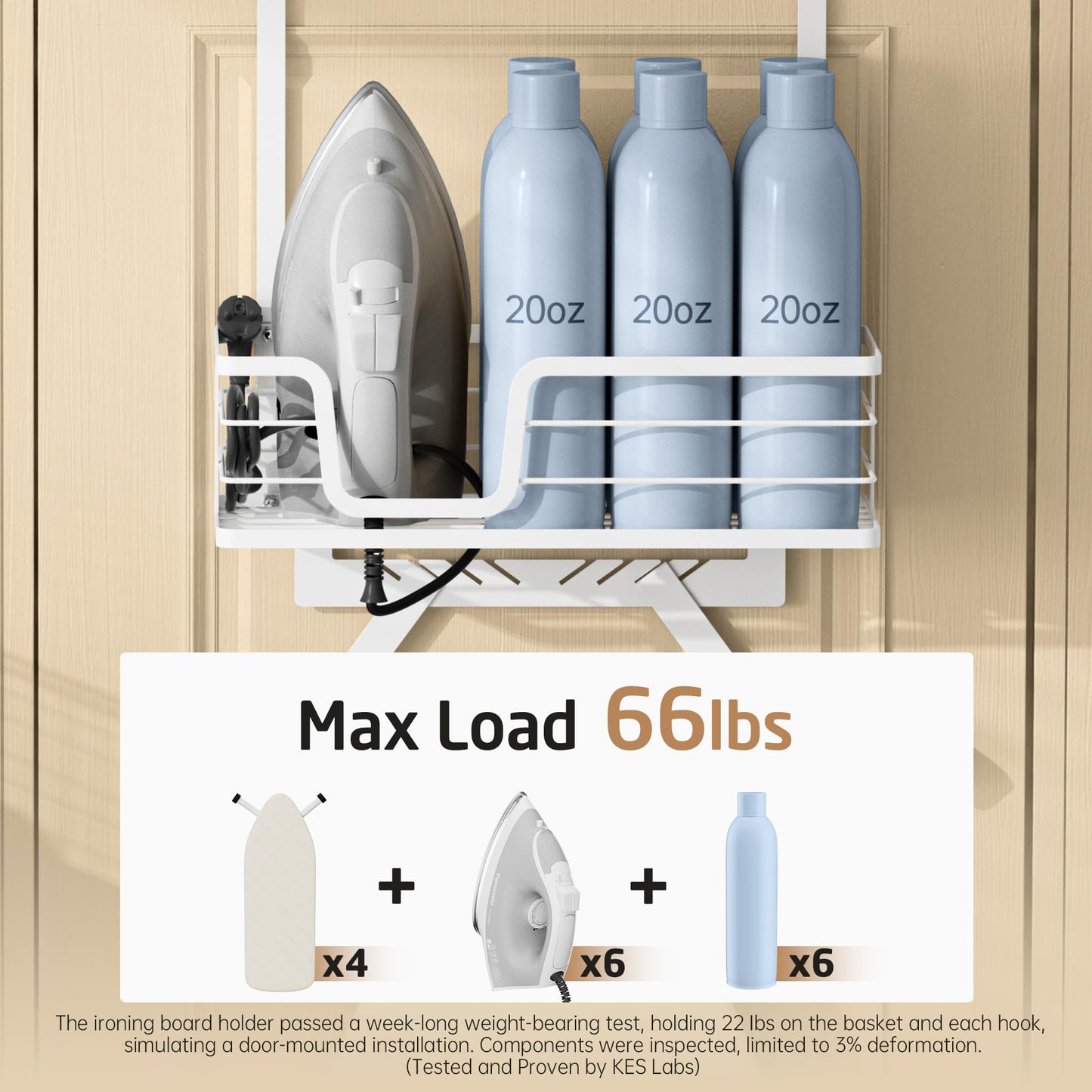 KES Over The Door Ironing Board and Iron Hanger, White Ironing Board Holder Fit for 1 3/4 Doors, Behind Door Hanger with Hooks Storage Y or T Shape Iron Board, HIR501B-WH