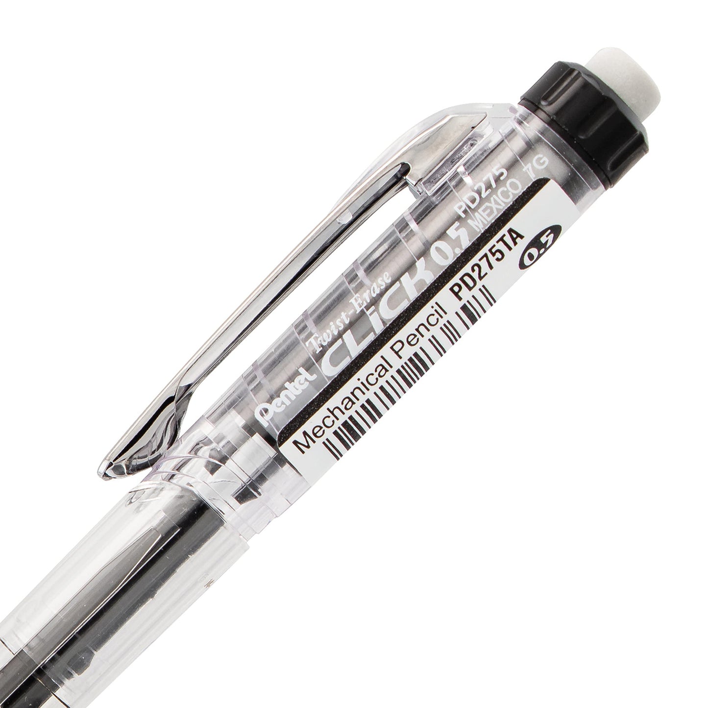 Pentel Twist-Erase Click Mechanical Pencil with Side Click Lead Advance, 0.5mm Fine Point, Large Retractable Eraser, Black Barrel, PD275TA, Box of 12
