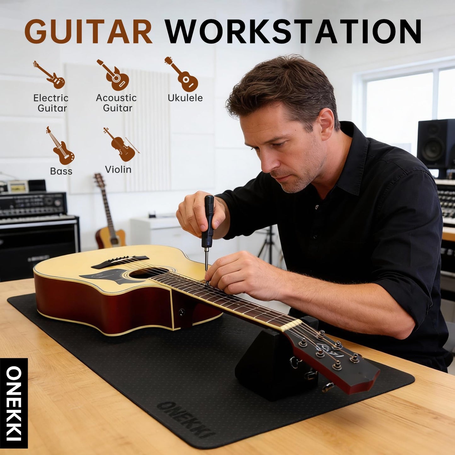 ONEKKI Guitar Neck Rest and Guitar Mat, Guitar Repair Kit with Dual Heights Support, Guitar Tools Setup and Maintenance Work Mat for Electric Guitar Bass Banjo Mandolin Ukulele