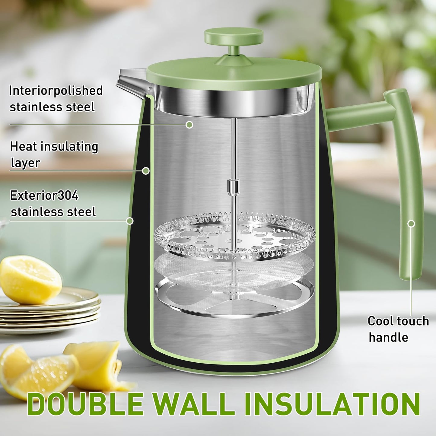 Secura 50oz French Press Coffee Maker – 304 Stainless Steel, Insulated Coffee Press with Extra Filter, Green