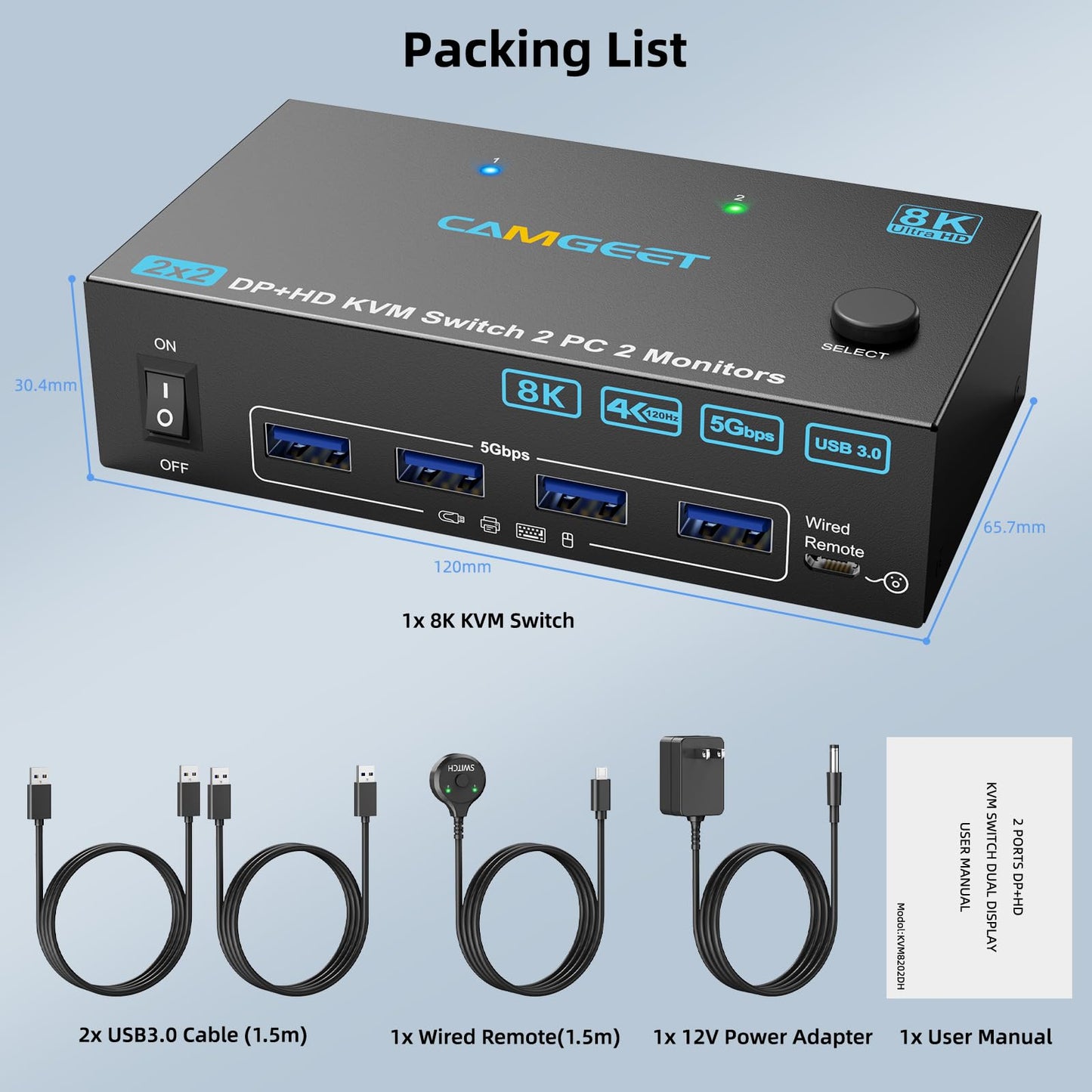 4K@144Hz KVM Switch 2 Monitors 2 Computers 8K@60Hz,Camgeet HDMI and Displayport Dual Monitor KVM Switch with 4 USB 3.0 Port for Keyboard Mouse Printer,Wired Remote,Power Adapter and USB Cable Included