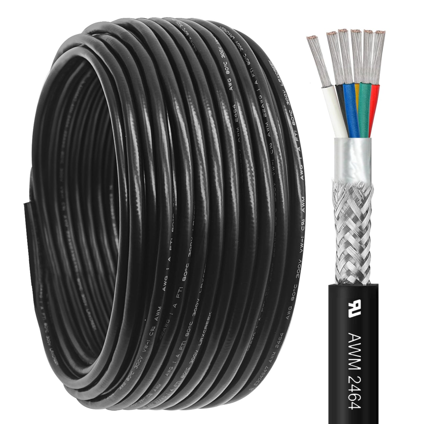 22/6 Shielded Wire 100FT 22 Gauge 6 Conductor Wire, UL2464 22 AWG Chain CNC Tinned Copper Cable for CNC Router Machine, CNC Spindle, Microphone, 3D Printer