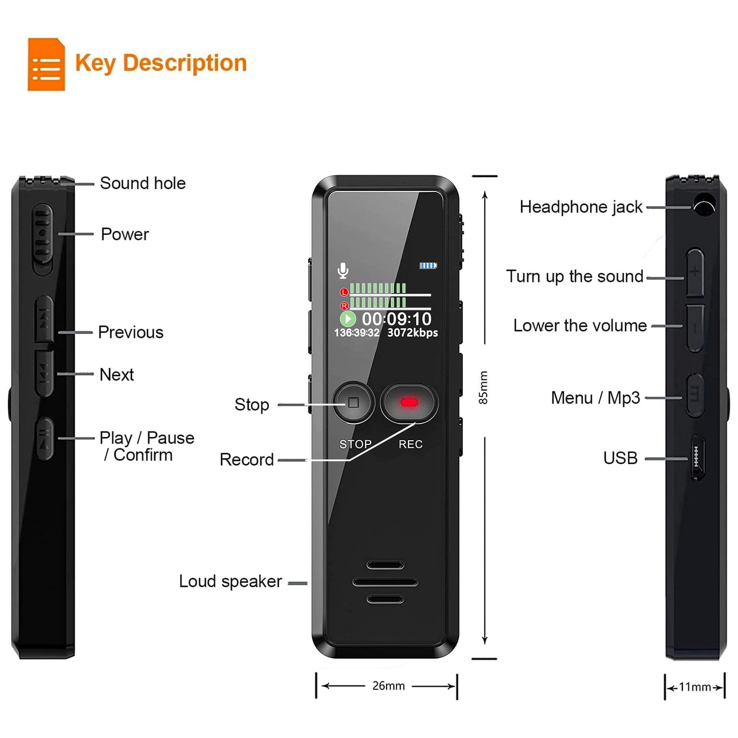 Liebssen Digital Voice Recorder with Playback, Enhanced Audio Dictaphone with One Touch, 64G 1536Kbps HD Recording Noise Reduction USB Charge MP3 Player Recorder for Lecture Interview Meeting (64, GB)