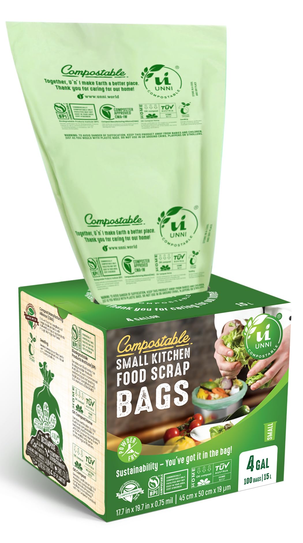 UNNI Compostable Trash Bags, 4 Gallon / 15 Liter, 200 Count, Extra Thick 0.75 mil Small Kitchen Food Scrap Bin Liners, BPI, CMA & OK compost HOME Certified (Meets ASTM D6400)