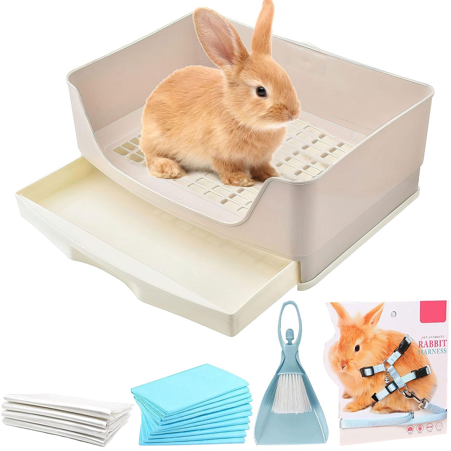 Large Rabbit Litter Box, Plastic Rabbit Toilet Potty Trainer Corner Litter Box with Drawer Pet Pan for Adult Guinea Pig Hamster Bunny Chinchilla Ferret Small Animals (White)