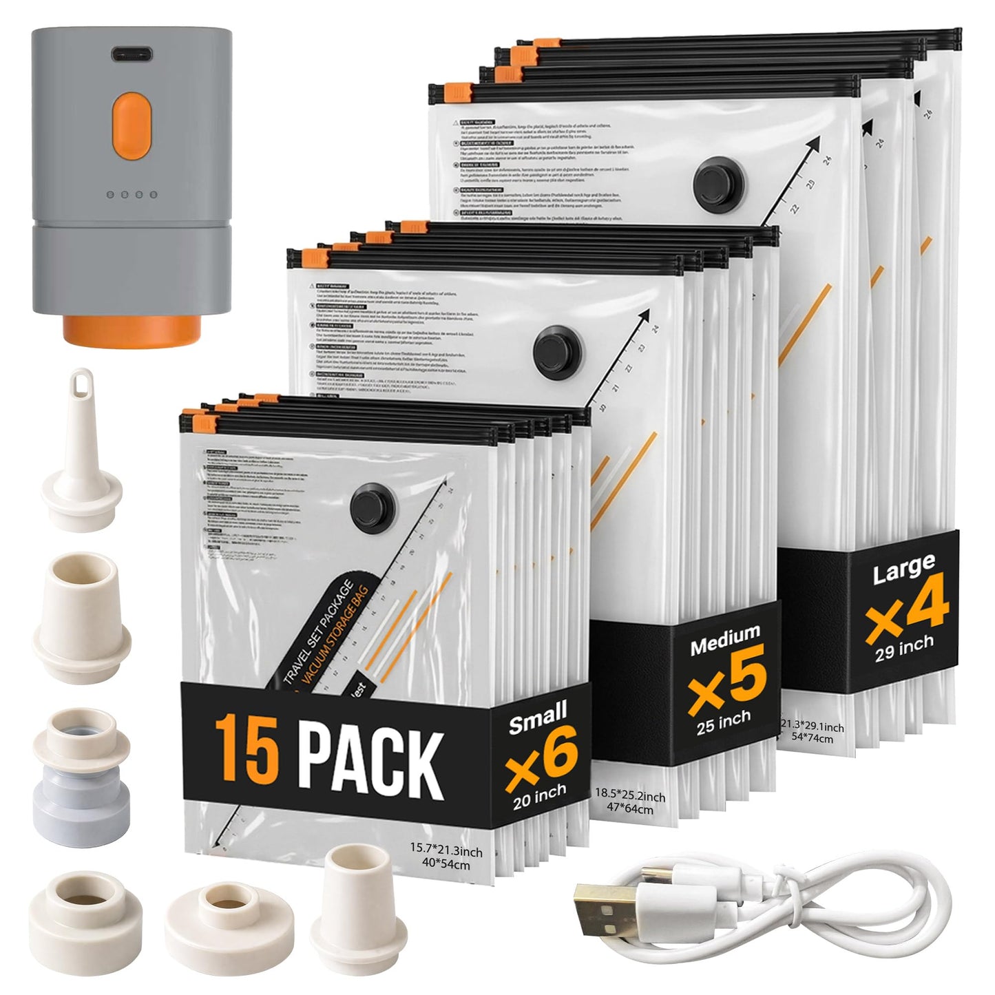 15 Pack Vacuum bags for travel with Rechargeable & Portable Electric Pump (6 Small, 5 Medium, 4 Large) - Vacuum sealer bags for clothes, Blankets and Luggage - space saver vacuum storage bags