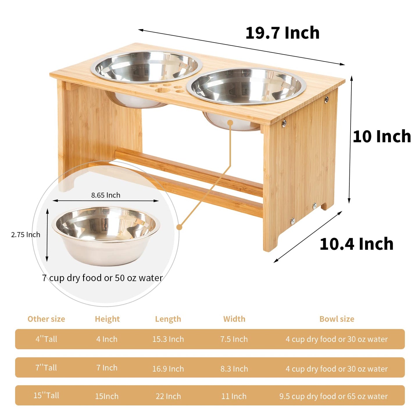 FOREYY Raised Pet Bowls for Cats and Small Dogs, Bamboo Elevated Dog Cat Food and Water Bowls Stand Feeder with 2 Stainless Steel Bowls and Anti Slip Feet L(10 inchTall-50 oz Bowl)