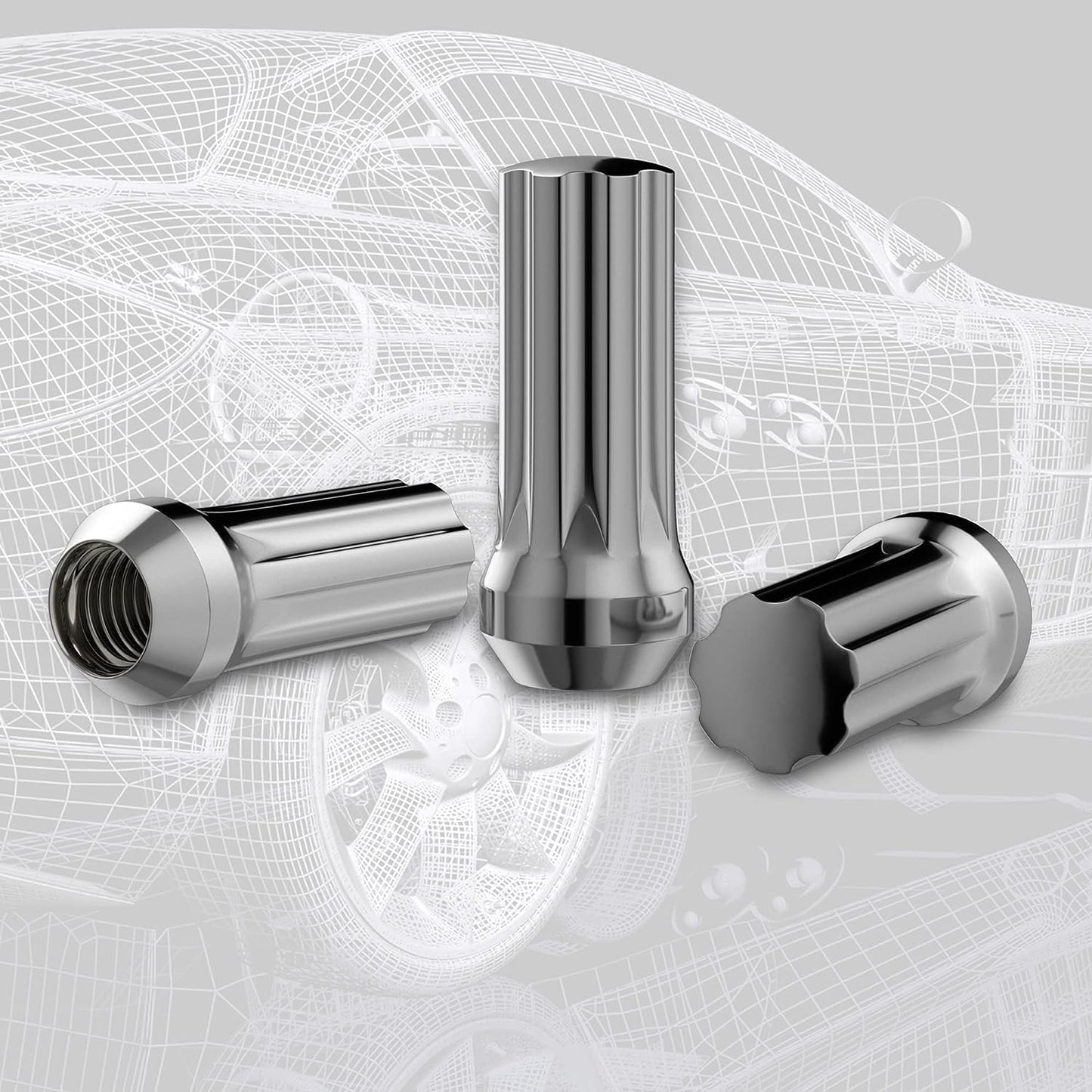 9/16x18 Wheel Lug Nuts, 32x Chrome 9/16x18 Lug Nut, Closed End Long Extended XL Spline, Conical/Cone Bulge Seat, with 1 Socket Key for Ram 2500/3500 F250/350 C20/30 K20/30 8 Lug Aftermarket Wheels