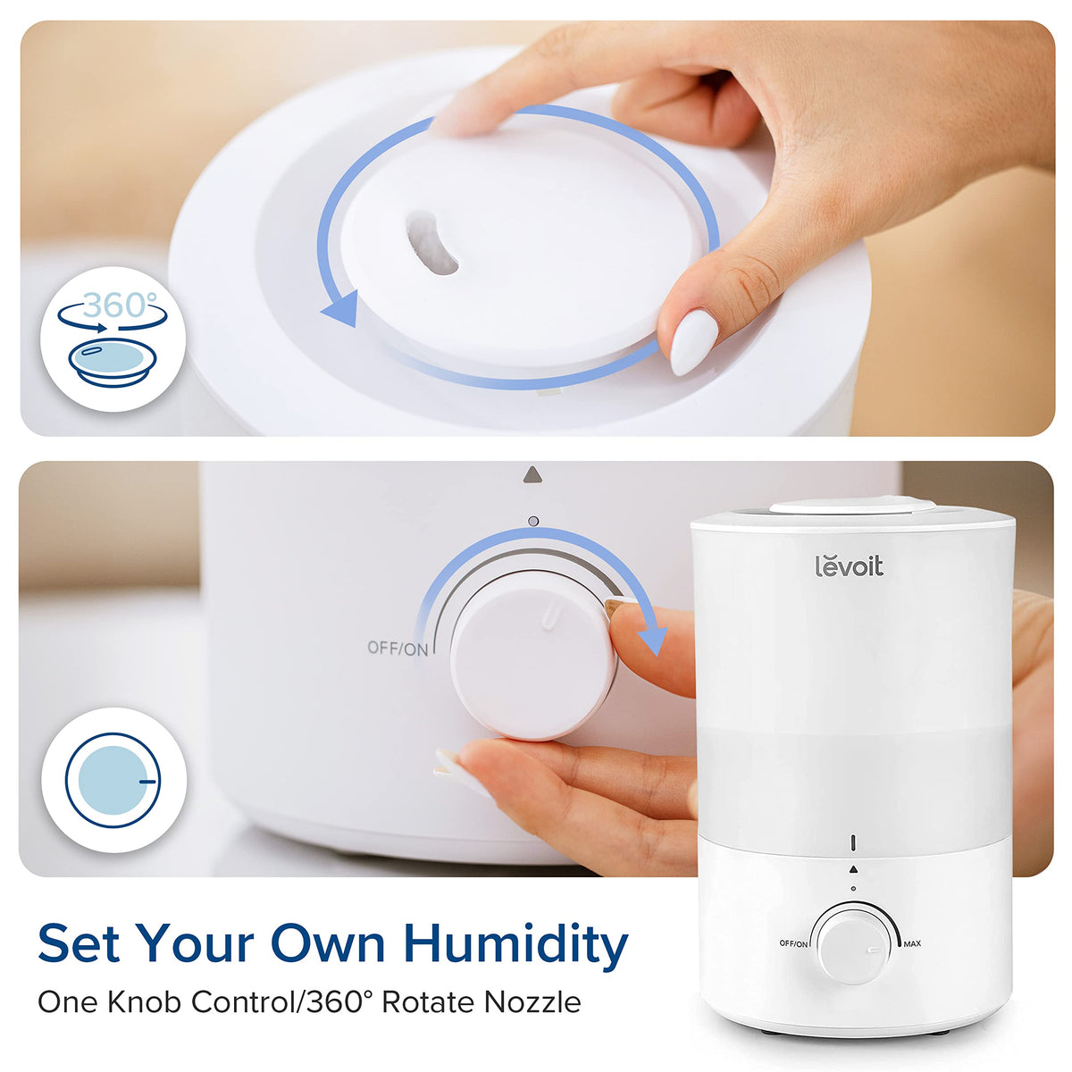 Levoit Humidifiers for Bedroom Large Room, 3L Cool Mist Top Fill Oil Diffuser for Baby Nursery and Plants, 360 Degree Nozzle, Quiet Rapid Ultrasonic Humidification for Home Whole House, White