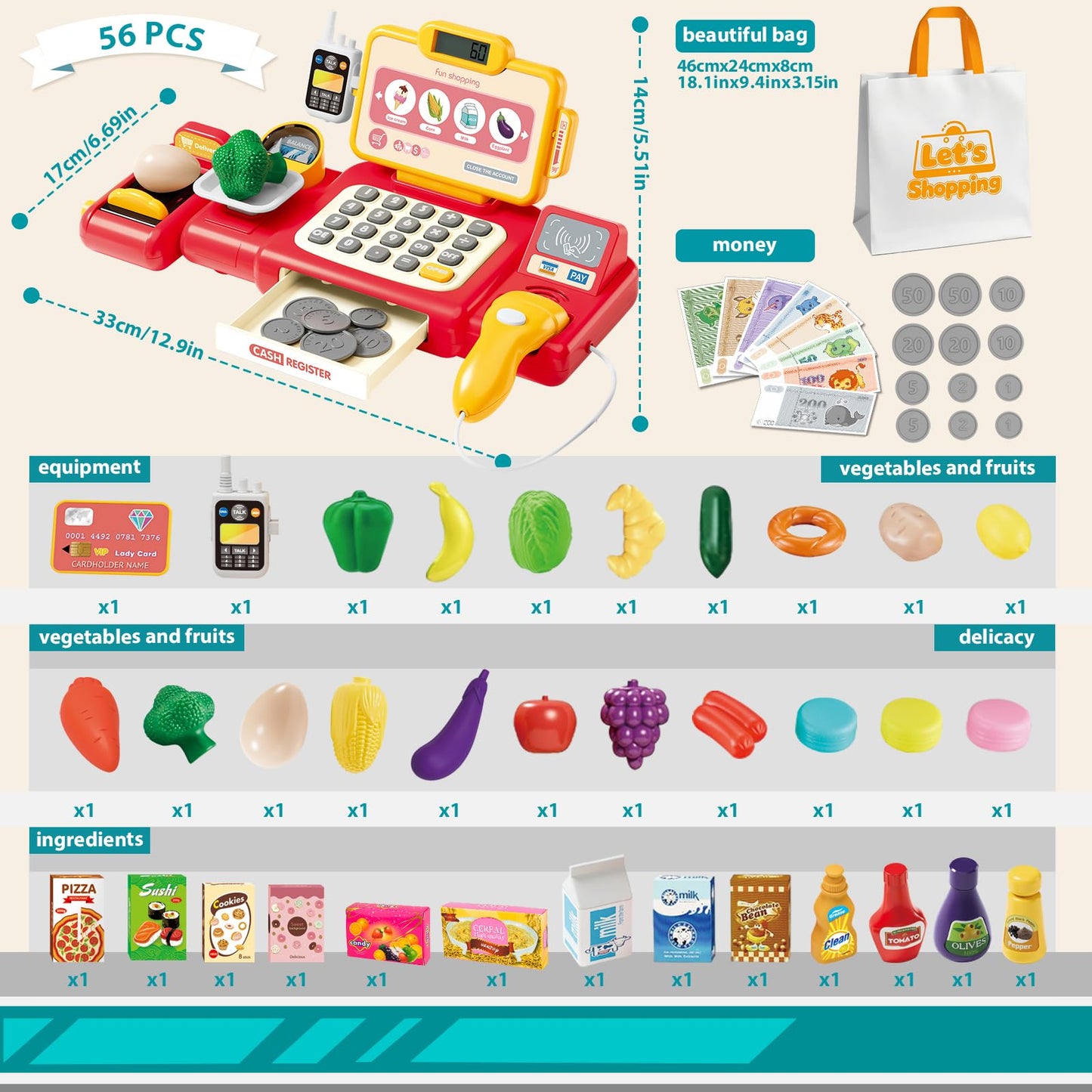 Kids Pretend Play Cash Register Toy Set for Supermarket Shopping, Cosplay Kitchen Toys Educational Learning Toy for Children Boys Girls Birthday (Red)