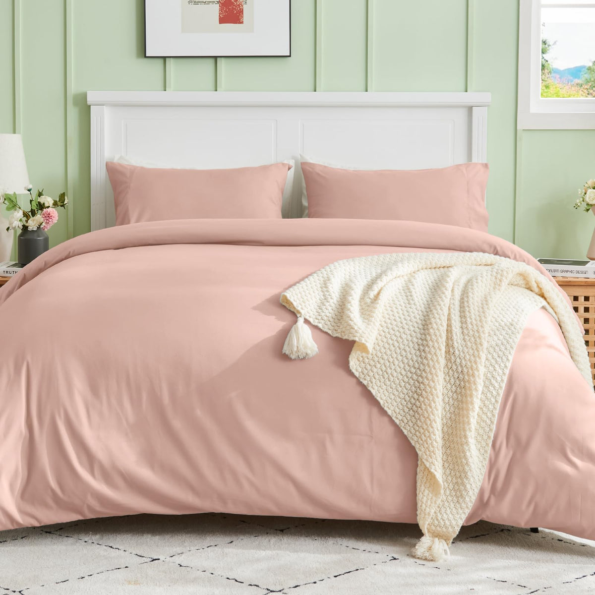 Sasttie Duvet Cover Queen, 3-Piece Ultra Soft Double Brushed Bedding Sets for All Season Use, Includes 1 Duvet Cover 90x90 Inches, 2 Envelope Pillowcases 20x30 Inches, Rose Gold