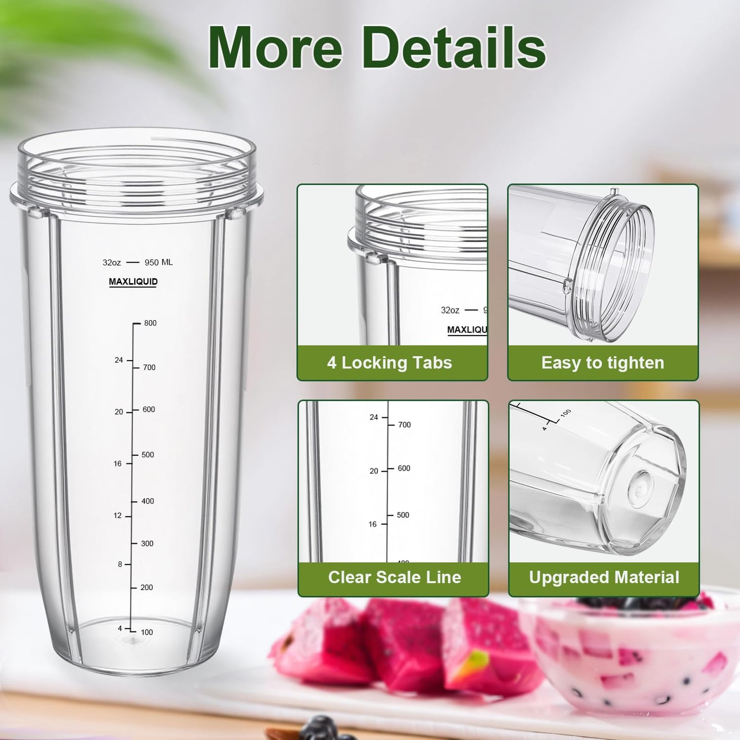 32OZ Replacement Parts For Ninja,2Pack Fit For Nutri Ninja Replacement Cups with Sip & Seal Lids,950ML(32oz) Measuring Scale Cup Mug, FIT for Nutri Ninja Auto IQ Series Blenders