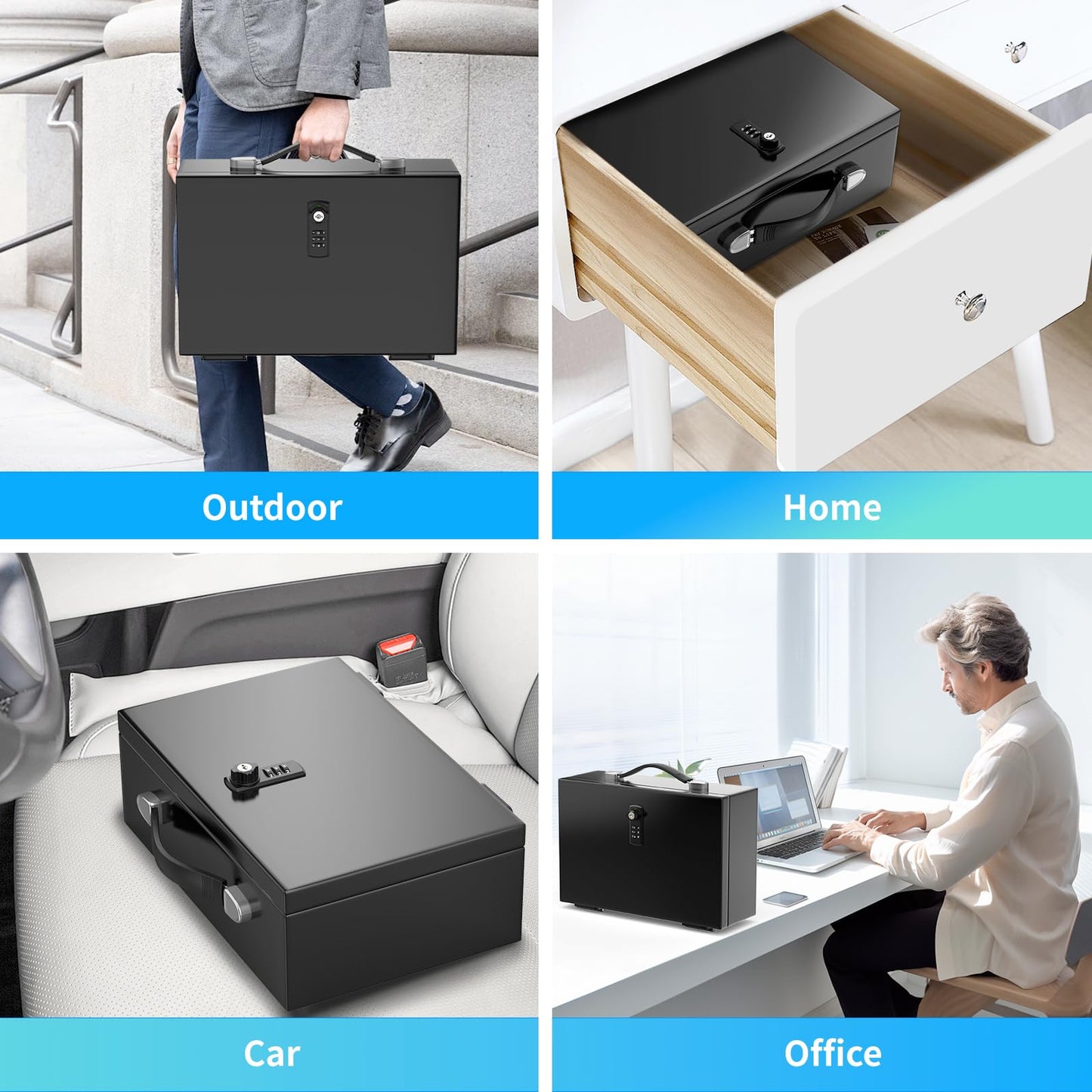GUVELI Portable Safe Box for Home with Combination Lock and Emergency Key, Home Safes Money Safe Box with Hand Grip, Lock Box Storage Fireproof Document Box for Money Medicine Jewelry A4 Document