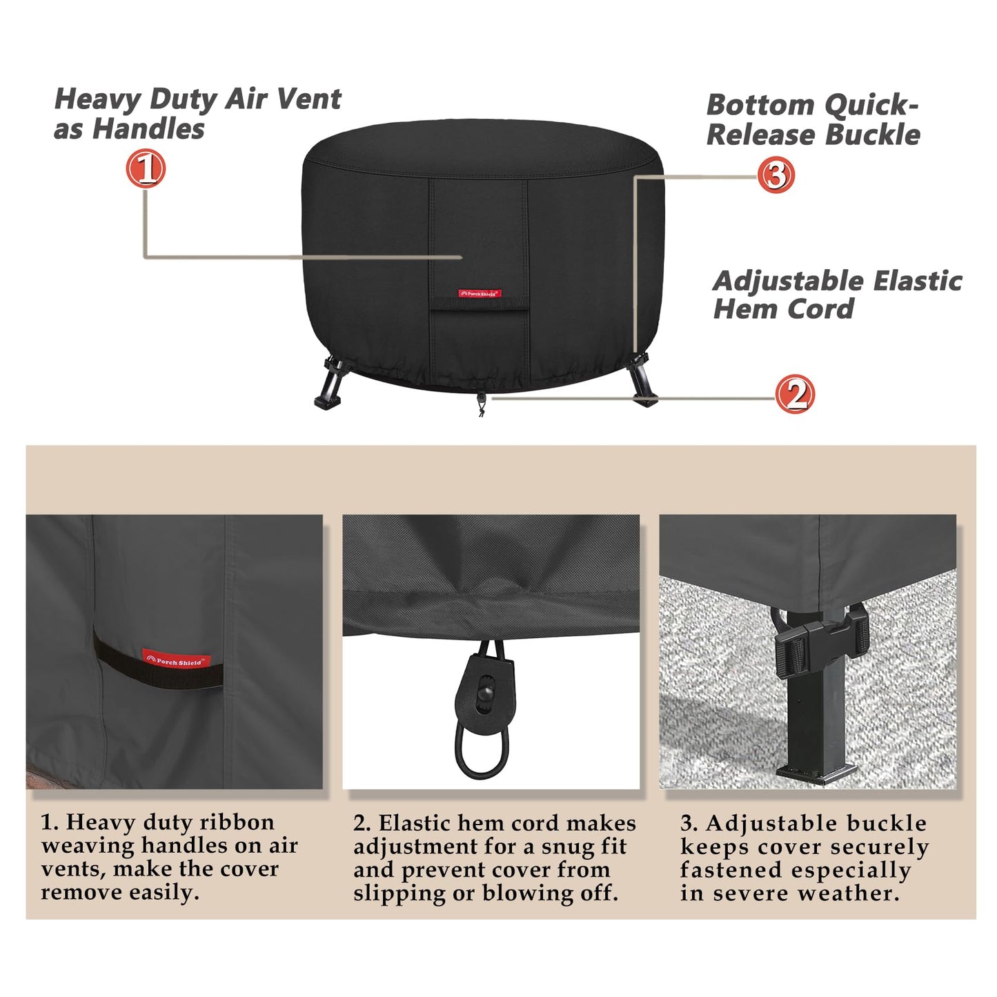 Porch Shield Fire Pit Cover - Waterproof 600D Heavy Duty Round Patio Fire Bowl Cover Black - 36 inch