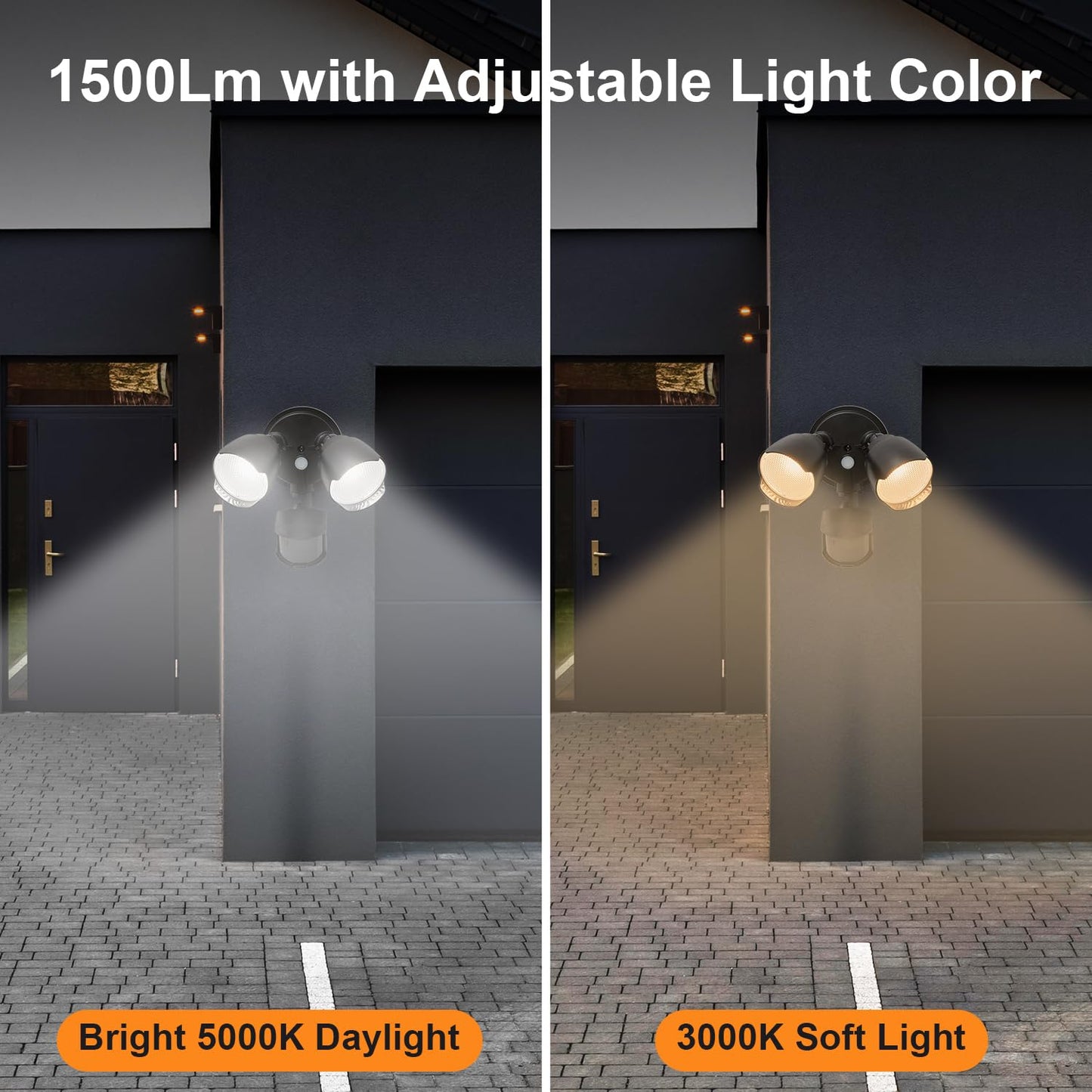 CELAVY 15W 1500 Lumen LED Security Lights with Motion Sensor Outdoor, 3000K/5000K Light, IP65 Waterproof, Dusk to Dawn, Dual-Head Motion Detected Flood Wall Light for Garage Yard Porch (Black)