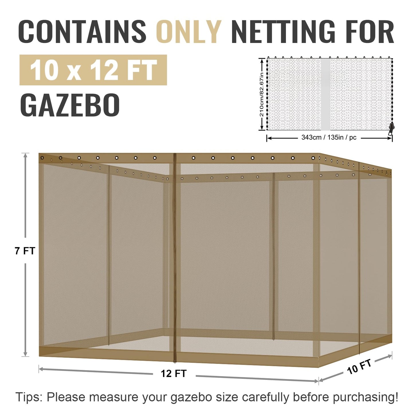 COWVIE Gazebo Replacement Netting Screen, 10' x 12' Universal Gazebo 4-Panel Mosquito Sidewalls with Double Zippers for Outdoor Patio (Only Netting)