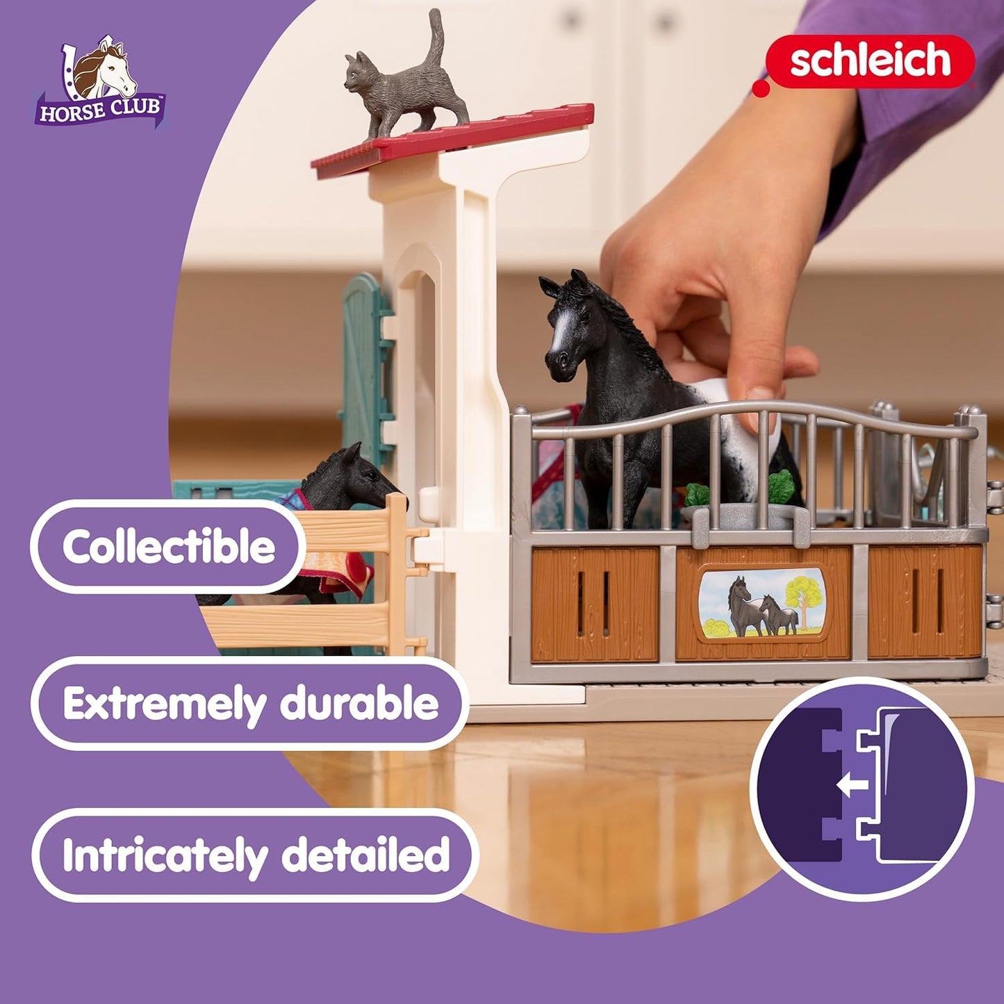 Schleich Horse Club - 34PC Stall Extension Horse Toy Playset with Mare and Foal Figure, Cat Figurine, and Accessories - Stable Set for Girls and Boys - Interactive, Realistic Kids Toys Ages 5+ - 42611