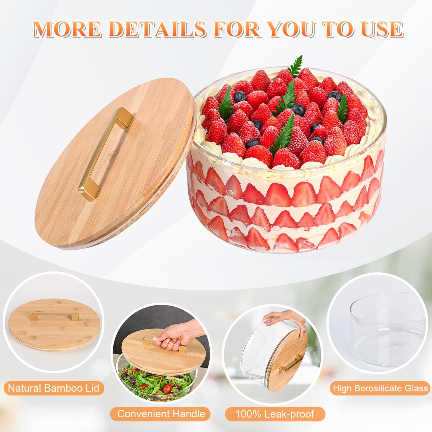 LOVYANXUE 10 inch Large Salad Bowl, Glass Trifle Bowl with Lid, 197 oz Versatile Mixing and Serving Bowl for Laying Ice Cream, Cake, Salad, Fruit, Baking, Dessert and Party DIY, Microwave Safe