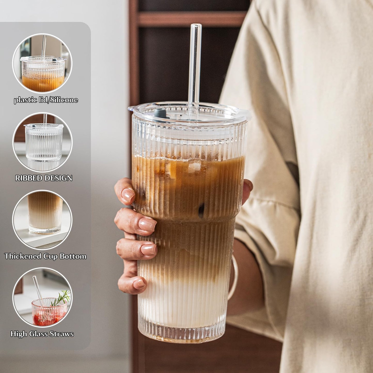 INSETLAN 20 oz Ribbed Glass Tumblers with Lids and Glass Straws – 4-Piece Glassware Set, Heavy-Duty Tumblers, Ideal for Iced Coffee, Smoothies, Cocktails, and Juices – Elegant and Durable Drinkware