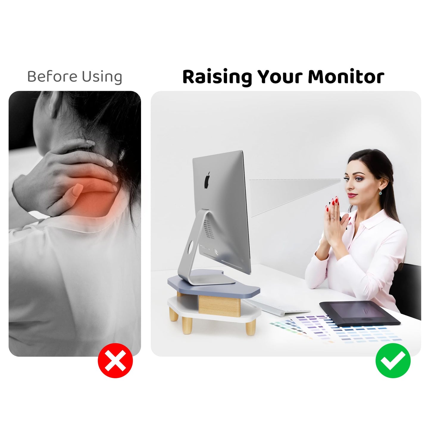 AFOOYO Monitor Stand Riser,2 Tier Corner Wood Monitor Stand Sturdy Computer Stand Multi-Purpose Desktop Storage Stand for Laptop,PC,iMac,Printer,Computer,Blue