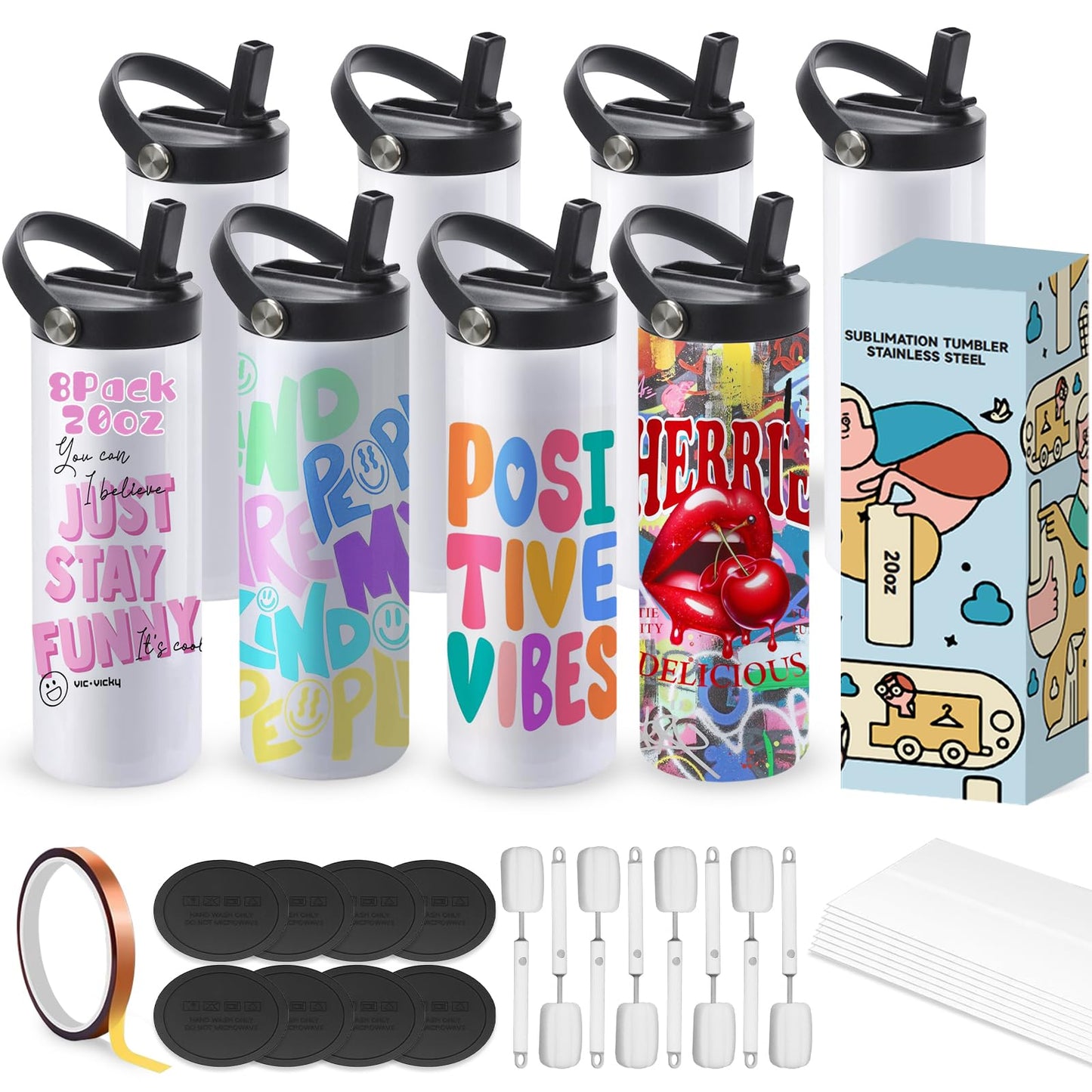 Cafultgo Pack Sublimation Tumblers Blanks Cups Water Bottle 20 OZ White Straight Stainless Steel Tumbler with Removable Straw and Lid for Tumbler Heat Press Machine Sublimation Print (Handheld Cup 8)