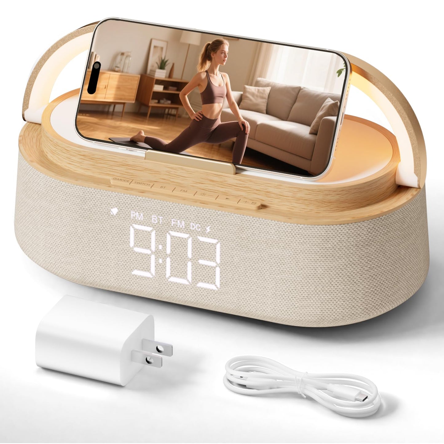 FREEFISH 6-in-1 Alarm Clock with Bluetooth Speaker, Wireless Charging, FM Radio, Night Light, Phone Holder, Digital Clock, 15W Fast Charger for iPhone 16/15/14/13 Samsung, Bedroom Office Gift (Wood)