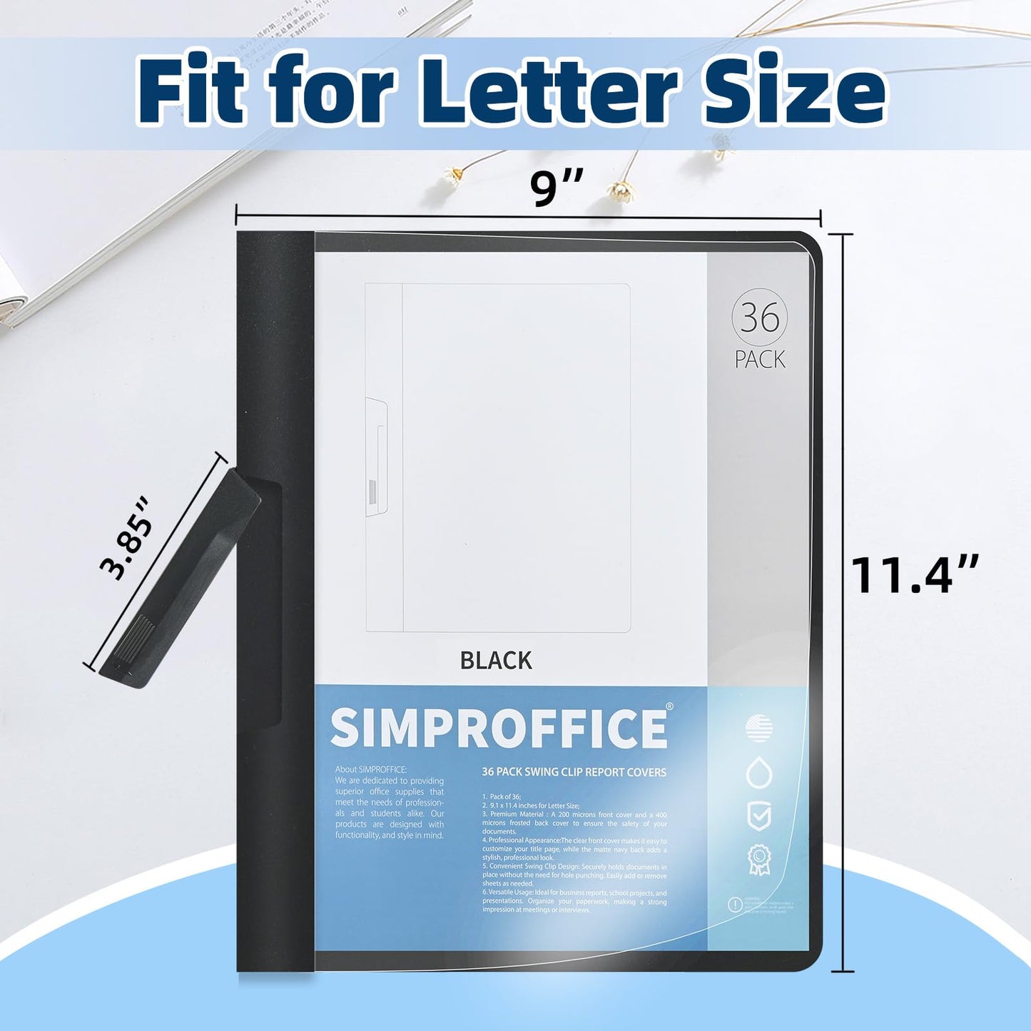 SIMPROFFICE 36 Pack Swing Clip Report Covers, Black Presentation Folders with Clip and Clear Cover, 9 x 11.4 Inches for Letter Size