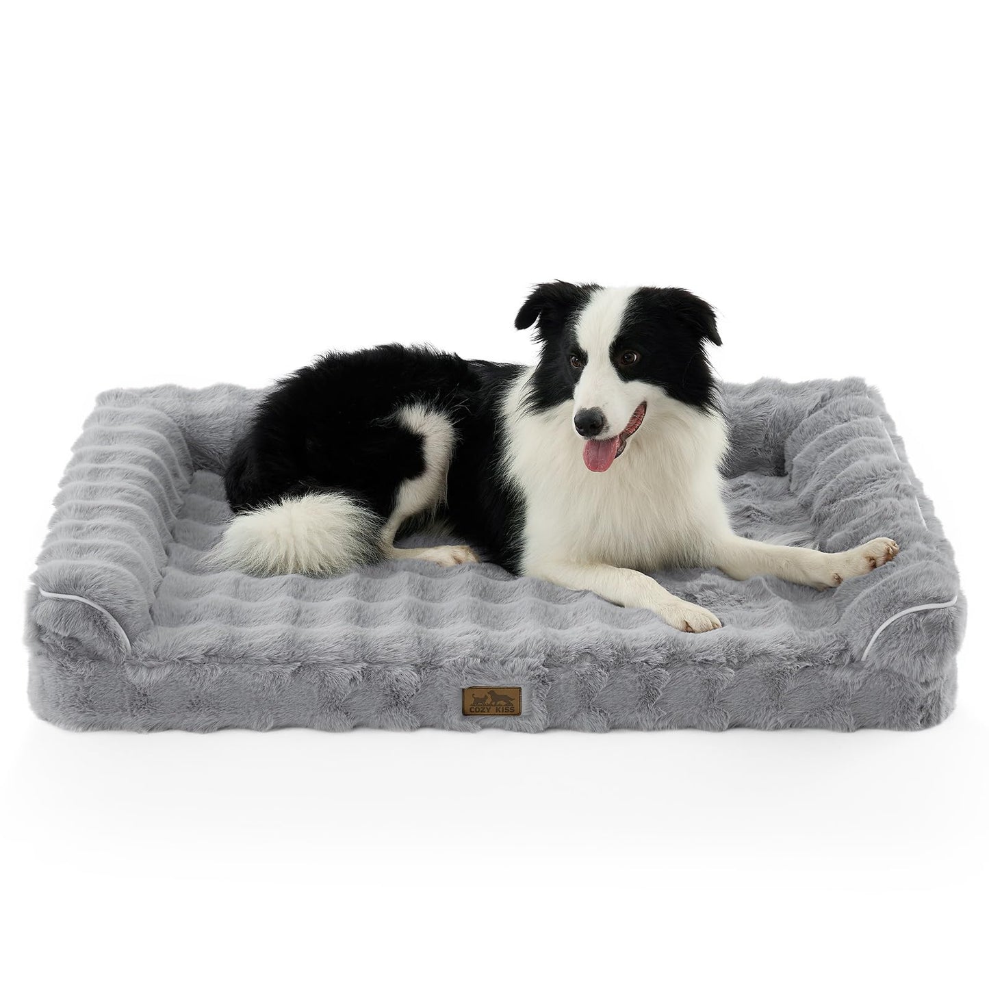 COZY KISS Faux Fur Orthopedic Dog Bed, Large Dog Bed, Pet Sofa with Removable Leak-Proof Cover, Washable U-Shaped Pet Couch with Anti-Slip Bottom, Grey XL 42x30x7 inch