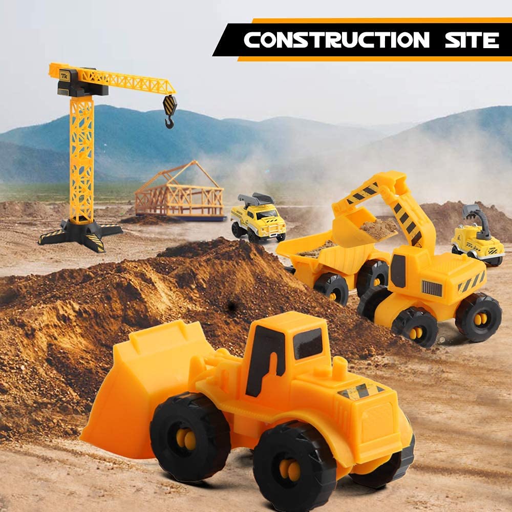 Construction Race Tracks Set, Flexible Train Tracks w/ 2 Electric Construction Race Vehicles w/Lights, STEM Engineering Race Track Toys with Dump Truck, Crane Assort Acessories for Boys Girls