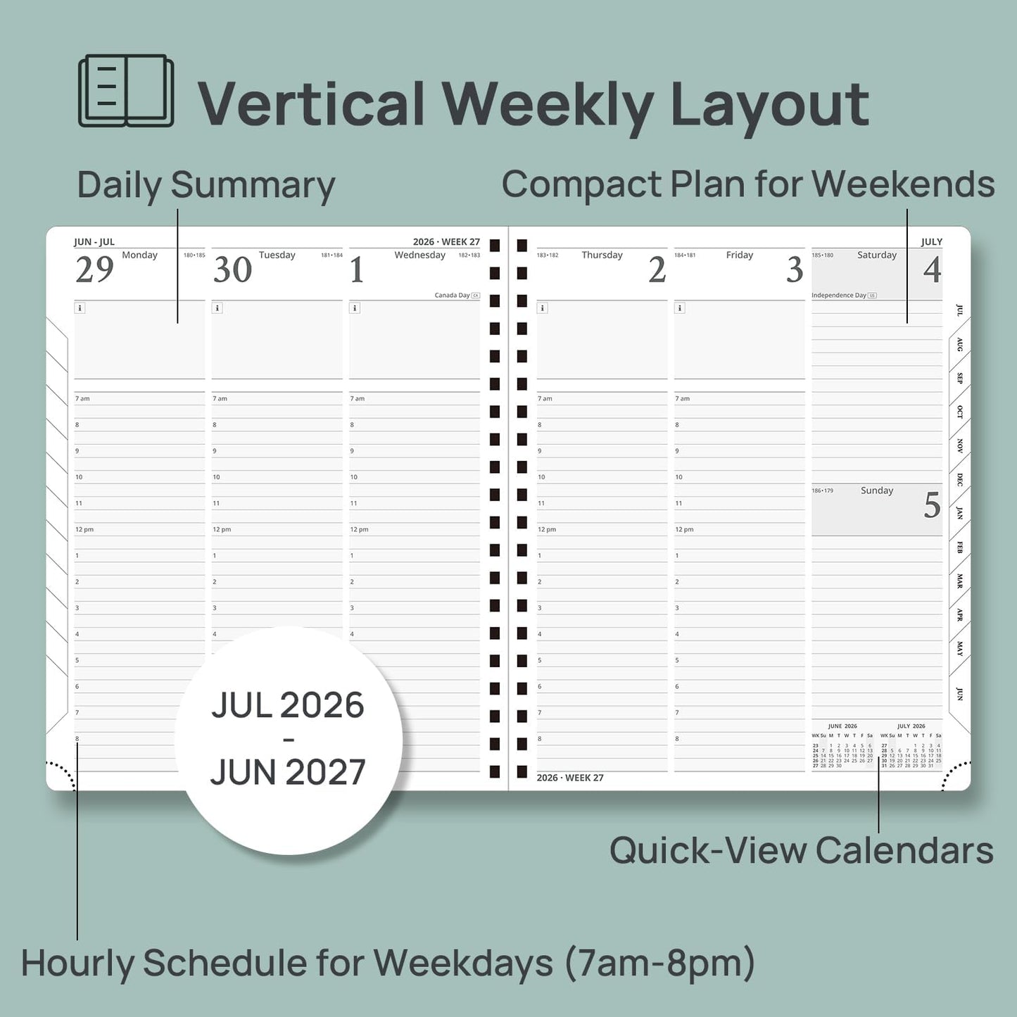 POPRUN Agenda 2026-2027 (Large - 8.5'' x 10.5'') Academic Weekly and Monthly Planner Calendar (July 2026 - June 2027) with Hourly Time Slots, Monthly Tabs, 100GSM Thick Papers, Spiral Leather Cover - Celadon Green