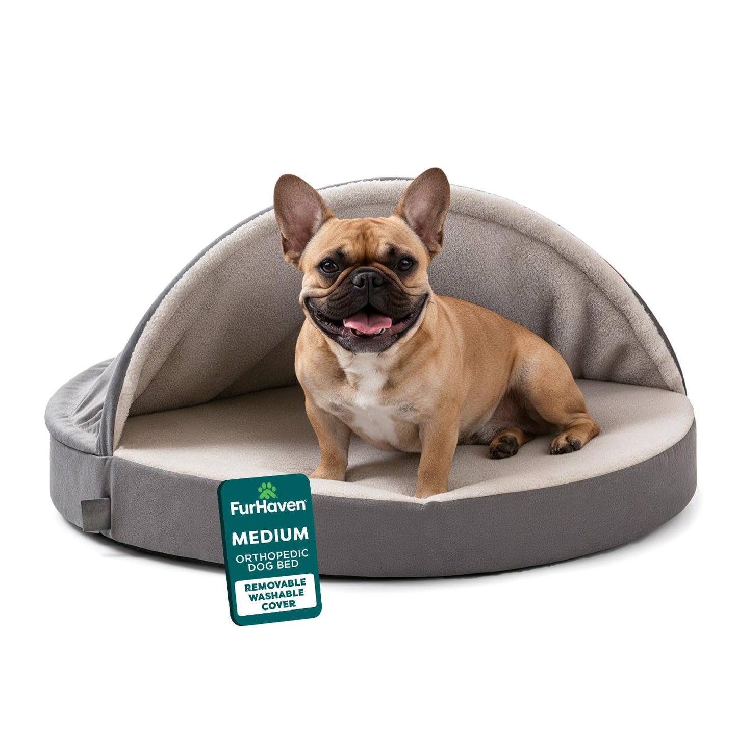 Furhaven 26" Round Orthopedic Dog Bed for Medium/Small Dogs w/Removable Washable Cover, for Dogs Up to 30 lbs - Sherpa & Suede Snuggery - Gray, 26-inch